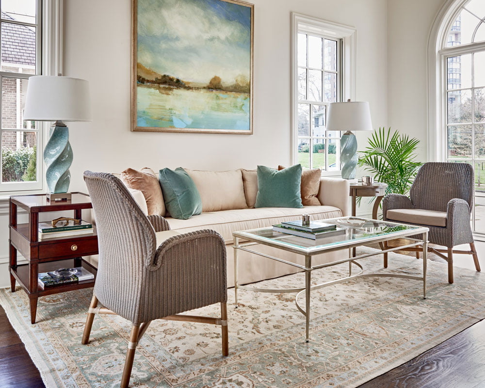 Woodbridge Furniture Madeline Cocktail table in silver leaf 2099-51 and Woven Chairs 7210-28 with the 1138-11 Side Table and the Stacey Side table 1217-60.
