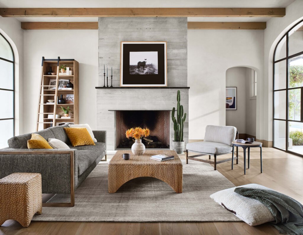 Four Hands Atrumed Stool, Otis Sofa, Bane Bookshelf, Blank Horse, Memphis Chair, Marcus Table, Phaedra, Amaud Rug, Atrumed Table, Hidden Gems