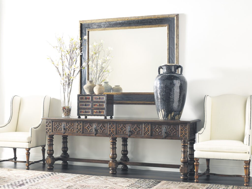 Alfonso Marina Side Chairs Framing Mirror Over Credenza